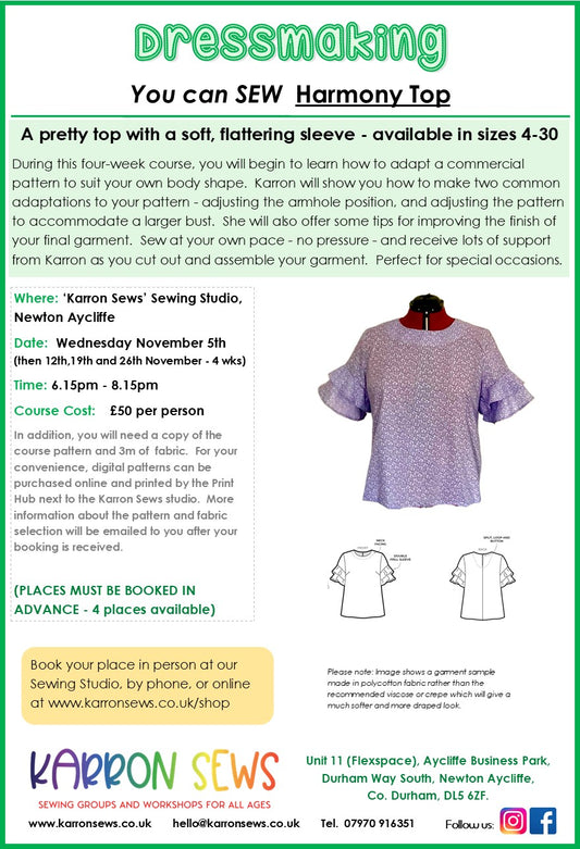Dressmaking Harmony Top - starts Wednesday November 5th (4wks)